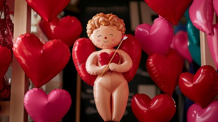 Wall Mural - Inflatable Cupid holding a bow and arrow standing at the entrance of a shop surrounded by heart-shaped decorations in vivid reds and pinks 