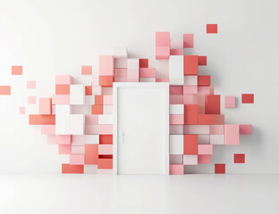 Wall Mural - A white door is in front of a wall of pink and white blocks by AI generated image