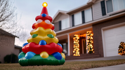 Sticker - Inflatable festive tree with multicolored ornaments displayed in front of a home decorated with New Year lights and sparkling garlands 