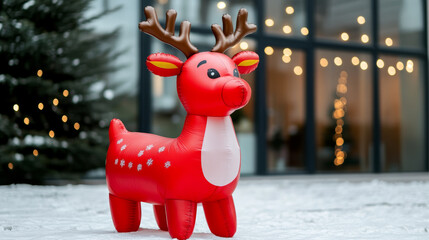 Poster - Inflatable reindeer in front of a cozy shop covered in snow with twinkling lights reflecting off frosted windows warm holiday scene 