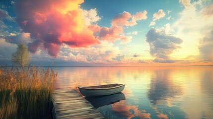 Tranquil lake view with a rustic wooden bridge, a boat, and a sky filled with colorful clouds.