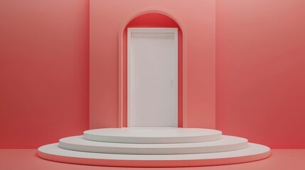 Wall Mural - 3D rendering illustration of a soft red picture frame on an ellipse stage with a cube cylinder and oval podium on a soft red background