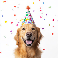 Poster - Joyful golden retriever wearing a birthday hat with colorful confetti around it isolated on white background 