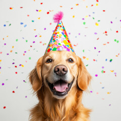 Sticker - Joyful golden retriever wearing a birthday hat with colorful confetti around it isolated on white background 