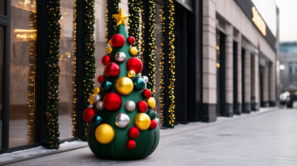 Sticker - Large inflatable Christmas tree with shiny ornaments placed at the entrance of a shop with garland-wrapped windows and a snowy sidewalk merry holiday spirit 