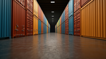 Large cargo containers stacked inside a massive warehouse busy logistics hub ready for shipment heavy machinery nearby 