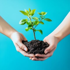 Wall Mural - Two hands holding a small green plant with dirt against a blue background.