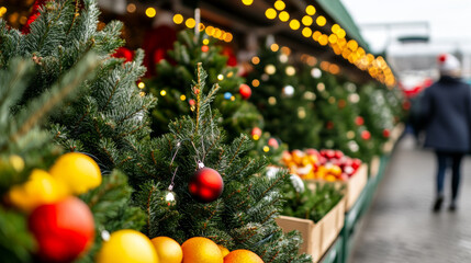 Wall Mural - Market stand selling Christmas tree ornaments and lights beside rows of fresh trees, shoppers browsing with festive spirit 