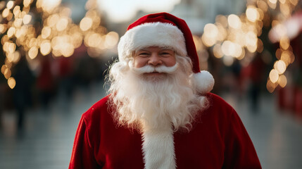 Poster - Market with Santa Claus greeting children among the Christmas trees, festive lights and cheerful energy all around 