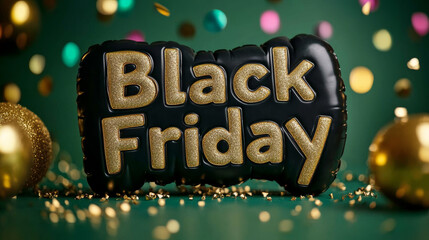 Poster - Metallic Black Friday text on a dark green background with a swirl of gold confetti and colorful lights 