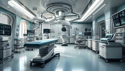 Futuristic surgical room showcasing advanced healthcare technology and modern medical equipment for innovation in medicine