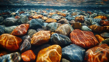 Wall Mural - Smooth, colorful river rocks submerged in shallow water