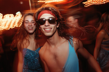 Sticker - A group of friends enjoying themselves at the nightclub, dancing and laughing while wearing sunglasses.