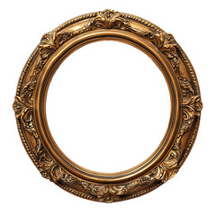 Ornate round golden frame with intricate floral patterns, isolated on PNG cutout transparent background.