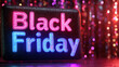 © fotogurmespb - Shiny Black Friday text with neon accents on a dark background with sparkling stars and metallic texture