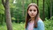 © VIDEODITY - A portrait of a young girl with long hair standing outdoors against a lush green background, looking directly at the camera.
