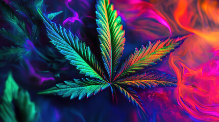 Wall Mural - Close-up image of a marijuana leaf with a mixed or blended appearance, featuring intricate leaf patterns and rich green hues