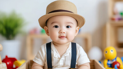 Stylish Chinese baby boy with trendy hat and suspenders sitting on a wooden crate surrounded by toys, retro vibe 