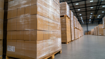 Tall stacks of boxes wrapped in clear plastic ready for distribution in a well-organized warehouse space efficiency in storage 