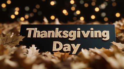 Canvas Print - Text Thanksgiving Day in glowing gold letters on a dark background with twinkling stars and floating fall leaves, warm browns and yellows 