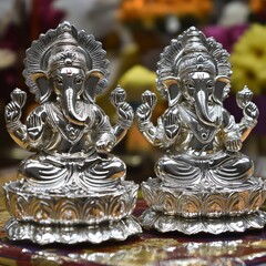 Wall Mural - Two silver statues of the Hindu god Ganesha, sitting in a meditative pose, with their hands raised in a blessing gesture.