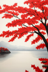 Poster - Tranquil Japanese landscape showcasing the dramatic change of leaf colors in the enchanting Koyo season 