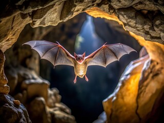 A dark silhouette swoops through the eerie glow of the cave, wings beating in a slow, deliberate rhythm as it navigates the ancient tunnels.