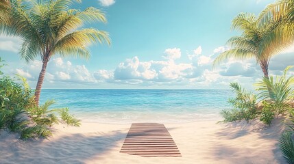 Wall Mural - Tropical beach background with an empty stand, perfect for beauty and cosmetics promotions.