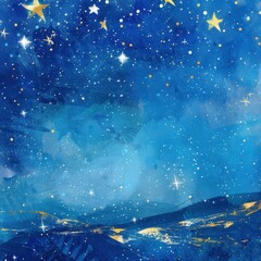 Watercolor Night Sky with Stars and Gold Glitter.