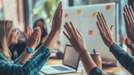 Wall Mural - Several business people celebrate success in a marketing meeting and look excited about team collaboration and advertising strategy on their laptops. There is support, planning, and creativity going