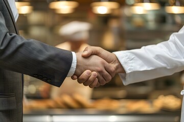 Close-up of a handshake between a businessman and a baker