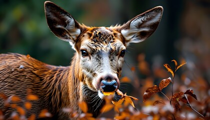 Red deer hind gracefully munching on lush tree leaves in the wild