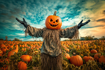 Scarecrow with pumpkin head in a field full of pumpkins. Halloween concept