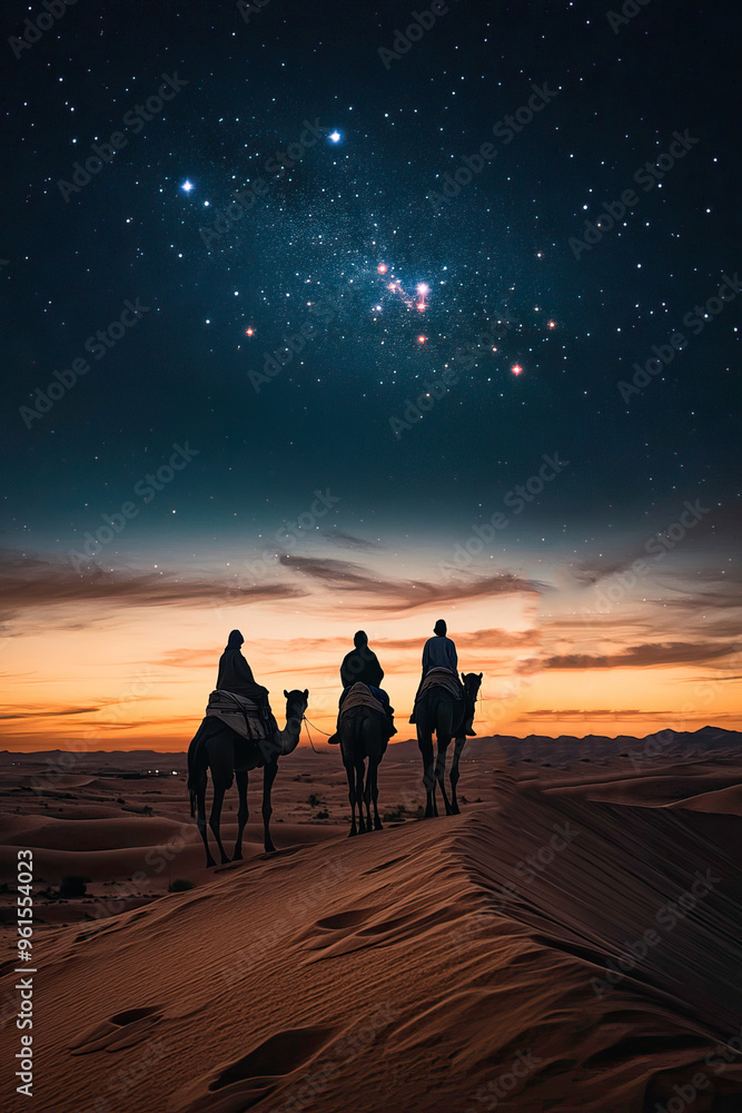The three wise men with their camels following the star through the ...
