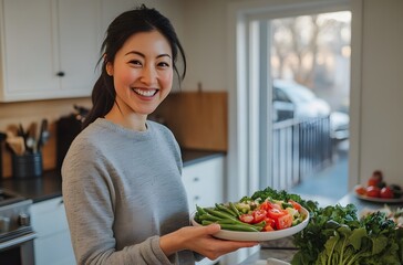 Young adult woman preparing a healthy salad in the kitchen