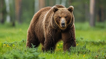 Wall Mural - grizzly bear in the wild walking on grass natural habitat and wilderness outdoor predator brown bear