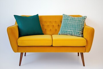 The stylish yellow sofa features tufted upholstery and two decorative cushions, adding a pop of color against a plain white backdrop, perfect for contemporary decor