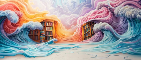 a bookshelf occupies its middle; a window, a incoming wave