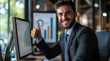 Successful Businessman Giving Thumbs Up in Office