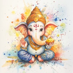 Wall Mural - Watercolor painting of Ganesha, the Hindu god of beginnings, wisdom, and prosperity, with colorful splatter background.