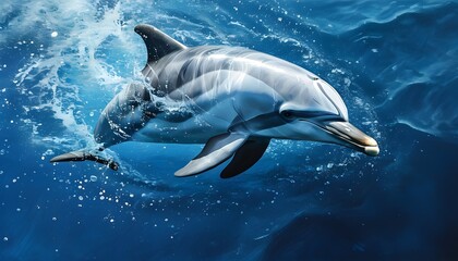 Wall Mural - Commersons dolphins gracefully diving in vibrant blue waters