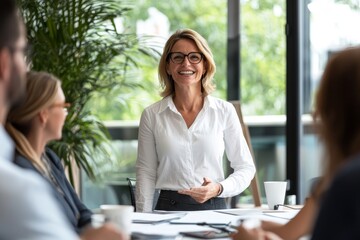 Wall Mural - She is leading a meeting in an office as she speaks with her team.