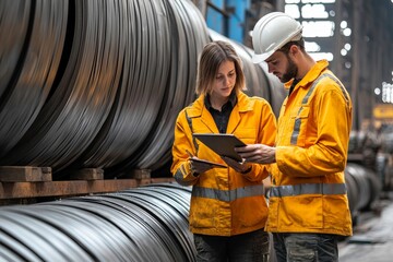 Wall Mural - Behind her, two women and two men work in a heavy industry manufacturing factory talking with workers. A female industrial engineer wears a white helmet.