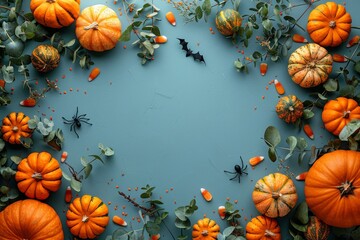 Wall Mural - halloween composition with pumpkins, bats and spiders