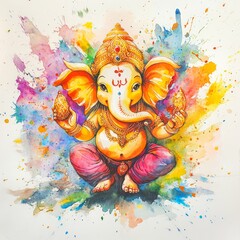 Wall Mural - Watercolor painting of the Hindu god Ganesha, a remover of obstacles, with colorful splatter paint background.