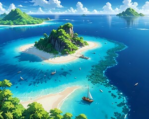 Wall Mural - A small island is surrounded by crystal-clear blue waters, with fine white sand shimmering under the sunlight, resembling a natural paradise isolated from the outside world, anime art