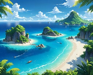 Wall Mural - A small island is surrounded by crystal-clear blue waters, with fine white sand shimmering under the sunlight, resembling a natural paradise isolated from the outside world, anime art