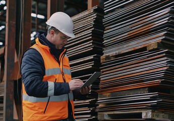 Wall Mural - A senior technician using a tablet computer in a metalwork manufacturing facility in a white helmet and safety jacket.