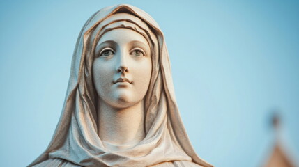 Ancient stone sculpture of Mary, the holy woman, symbol of religion and beauty, in a Madonna-like pose