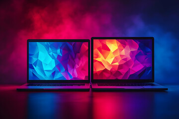 Wall Mural - Abstract Geometric Background Laptops Illustration - Two Laptops with Vibrant Abstract Backgrounds in a Dark Room